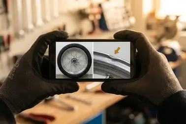 Felga motocyklowa fotografowana z obu stron i zbliżenie uszkodzonego rantu