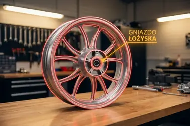 Felga motocyklowa z zaznaczonym rantem, ramionami, piastą i gniazdami łożysk