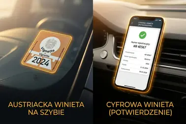 Fizyczna naklejka winiety na szybie samochodu obok cyfrowego biletu na ekranie telefonu.