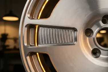 Front felgi aluminiowej z powierzchnią toczoną oraz lokalnym detalem wykonanym frezem