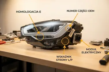 Główne miejsca kontroli na reflektorze: homologacja, strona, numer części i złącze modułu