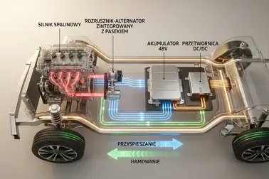 Graficzny schemat przepływu prądu i odzysku energii z kół do baterii 48 V