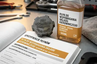 Instrukcja samochodu, korek zbiorniczka i etykieta płynu z oznaczeniami specyfikacji