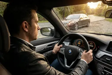 Kierowca oceniający kontrolkę check engine oraz objawy pracy silnika przed decyzją o dalszej jeździe