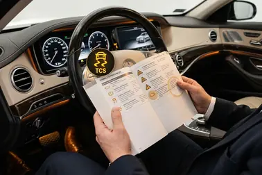Kierowca porównujący kontrolkę poślizgu i komunikat z instrukcją samochodu