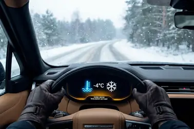 Kierowca rozpoczynający spokojną jazdę zimą przy widocznej niebieskiej kontrolce temperatury i śnieżynce