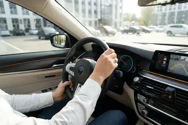 Kierowca skręcający kierownicę podczas manewru parkingowego ze wspomaganiem układu kierowniczego