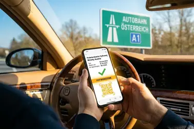 Kierowca sprawdza aktywność winiety w telefonie tuż przed wjazdem na austriacką autostradę.