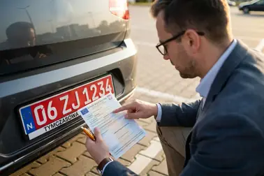 Kierowca sprawdzający numer VIN, tablice, dokument rejestracyjny i polisę przed odbiorem samochodu.