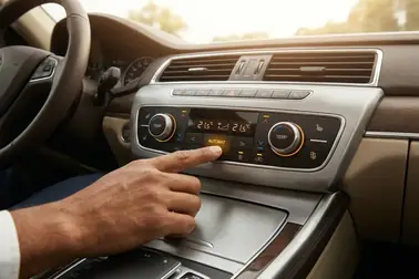 Kierowca ustawiający temperaturę i tryb AUTO na panelu klimatyzacji