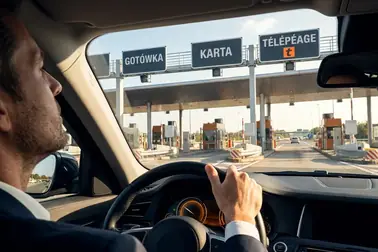 Kierowca wybierający pas płatności kartą, gotówką lub Télépéage