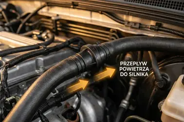 Kierunek przepływu powietrza przez zaworek zwrotny w przewodzie podciśnienia serwa