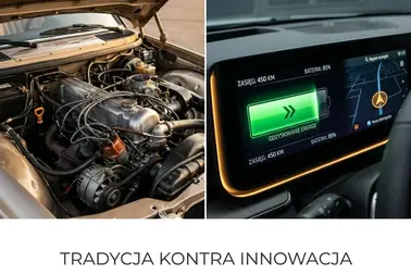 Klasyczny układ spalinowy obok wskaźnika rekuperacji energii w samochodzie elektrycznym