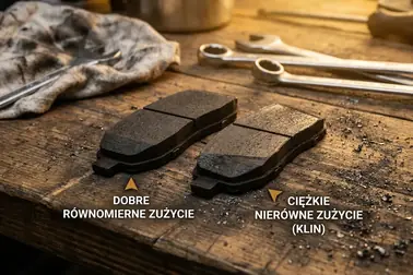 Klocki hamulcowe zużyte równomiernie oraz klinowo, z różną grubością okładzin