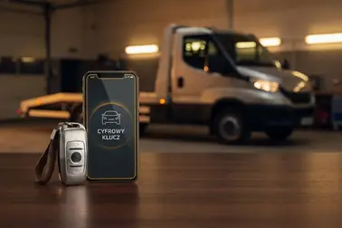 Klucz zapasowy, telefon z fabryczną aplikacją i samochód przygotowany do transportu na lawecie