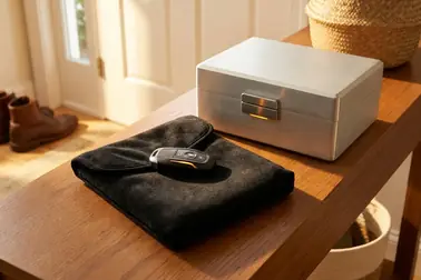 Kluczyk Keyless leżący obok miękkiego etui Faradaya oraz zamykanego metalowego pudełka antykradzieżowego
