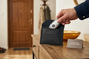 Kluczyk systemu Keyless bezpiecznie chowany w etui ochronnym położonym na stole z dala od drzwi wejściowych domu
