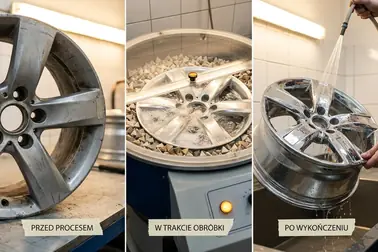 Kolejne etapy wibracyjnego polerowania felgi aluminiowej