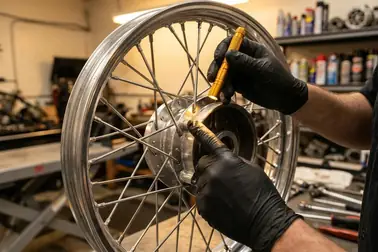 Kontrola powierzchni montażowych, szprych i bicia koła motocyklowego po renowacji