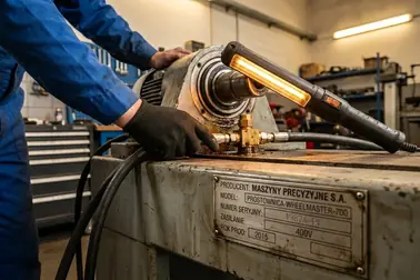 Kontrola tabliczki znamionowej, hydrauliki i uchwytów używanej prostowarki do felg