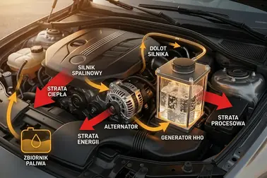 Łańcuch przemian energii od paliwa przez alternator i elektrolizer do gazu HHO podawanego do silnika