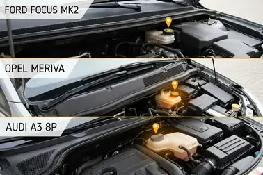 Lokalizacja zbiorniczka płynu hamulcowego w Fordzie Focusie, Oplu Merivie i Audi A3 8P