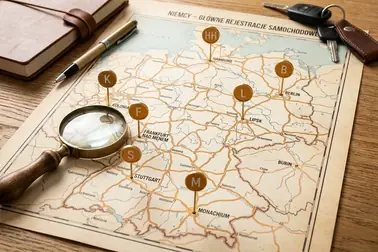 Mapa Niemiec z lokalizacją przykładowych kodów tablic B, M, K, F, S, L i HH