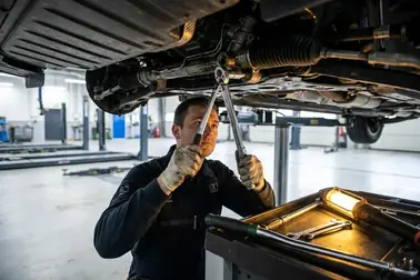 Mechanik demontujący przekładnię kierowniczą od spodu samochodu po rozłączeniu jej mocowań