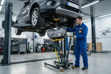 Mechanik demontuje kompletną skrzynię biegów z samochodu uniesionego na podnośniku w warsztacie.