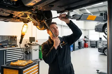 Mechanik kontrolujący luzy drążka, końcówki i połączenia ze zwrotnicą na podnośniku