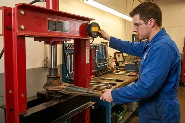 Mechanik korzystający z prasy hydraulicznej do wyciskania starej tulei z zardzewiałego wahacza