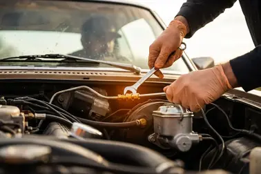 Mechanik luzuje przewód przy pompie hamulcowej, podczas gdy druga osoba w kabinie trzyma wciśnięty pedał hamulca