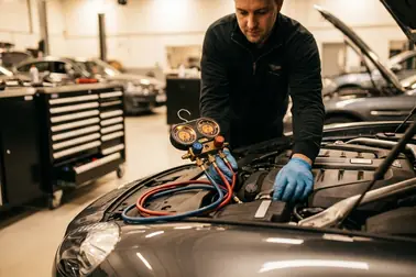 Mechanik mierzący ciśnienia i parametry pracy sprężarki klimatyzacji