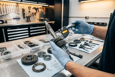 Mechanik mierzy luzy rozebranej skrzyni biegów na stole warsztatowym