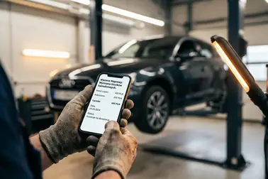 Mechanik prezentujący na smartfonie cyfrową wycenę wymiany układu hamulcowego
