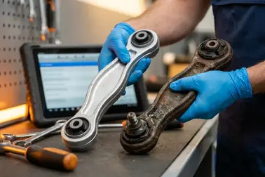 Mechanik sprawdzający różnice między nowym wahaczem segmentu budżetowego a starym zużytym elementem