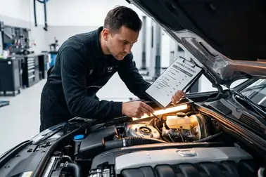 Mechanik sprawdzający serwo, pompę hamulcową i przewód podciśnienia przed odbiorem auta