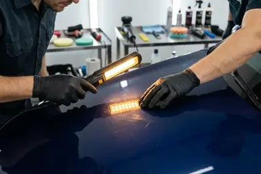 Mechanik sprawdzający stan lakieru samochodu lampą inspekcyjną przed montażem folii PPF