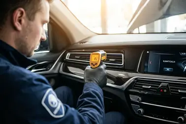 Mechanik sprawdzający temperaturę nawiewu klimatyzacji w samochodzie