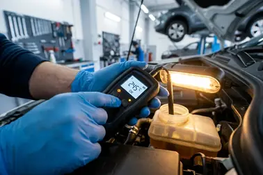 Mechanik sprawdzający temperaturę wrzenia płynu hamulcowego za pomocą profesjonalnego testera