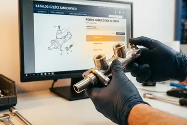 Mechanik sprawdzający w katalogu części zamiennych parametry i przyłącza pompy hamulcowej