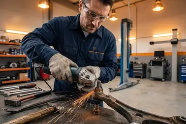Mechanik usuwa zapieczone mocowanie sworznia wahacza podczas naprawy zawieszenia