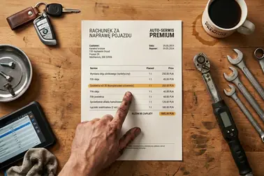Mechanik wskazujący pozycję geometrii kół na szczegółowej fakturze za naprawę