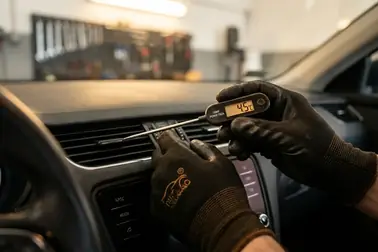 Mechanik wykonujący pomiary temperatury nawiewu podczas serwisu klimatyzacji samochodowej