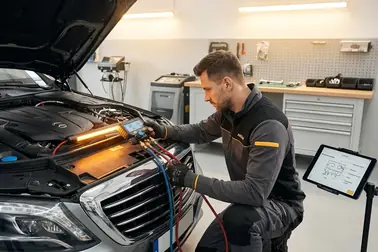 Mechanik wykonujący test ciśnieniowy układu klimatyzacji przy użyciu zestawu manometrów