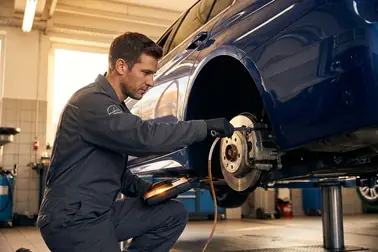 Mechanik wykonujący warsztatowe odpowietrzanie hamulców przy kole samochodu