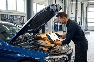 Mechanik z tabletem sprawdza historię serwisową samochodu przed obsługą klimatyzacji