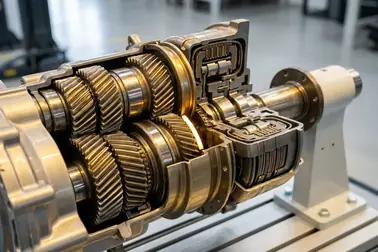 Mechanizm budowy skrzyni dwusprzęgłowej ujawniający dwie osobne tarcze oraz wałki mechaniczne