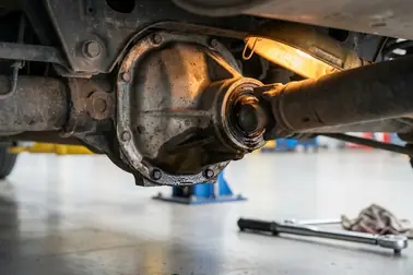 Mechanizm różnicowy z zaznaczonymi miejscami możliwego wycieku przy półosiach, wejściu wału i obudowie