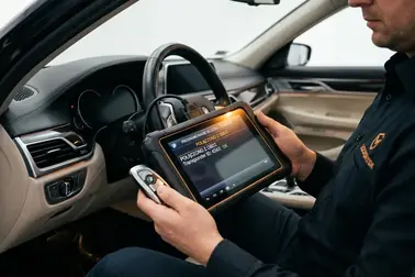 Mobilny specjalista programujący nowy kluczyk samochodowy za pomocą tabletu diagnostycznego